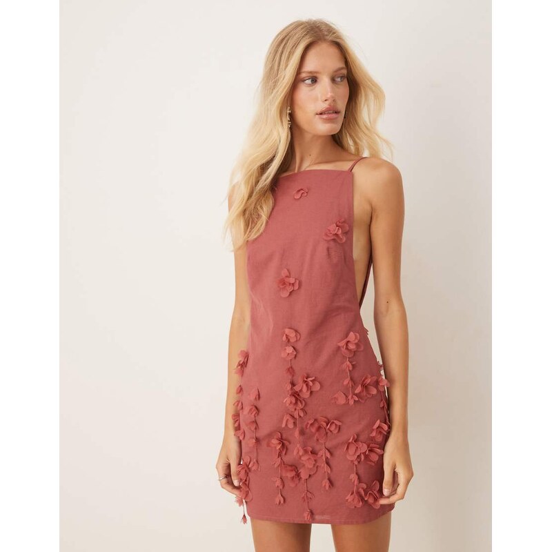 ASOS DESIGN 3D flower high neck mini dress with plunge back in dark 107680965