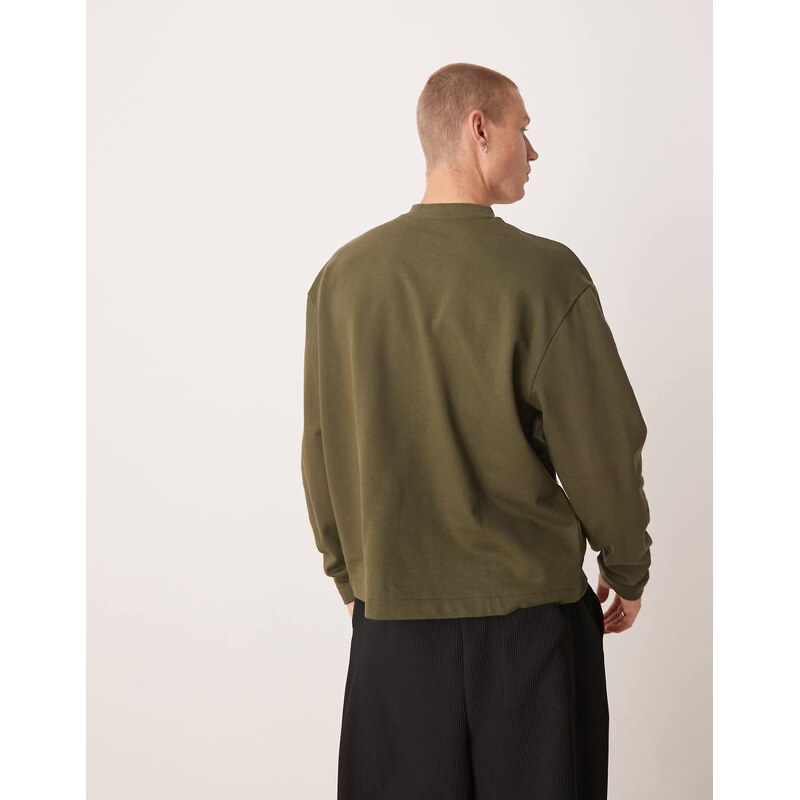 ASOS DESIGN relaxed sweatshirt with button-up collar in khaki-Green