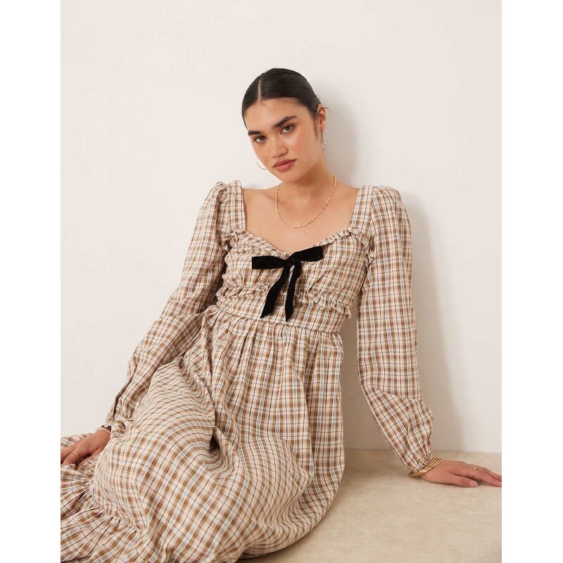 Glamorous tie front long sleeve maxi dress in brown check