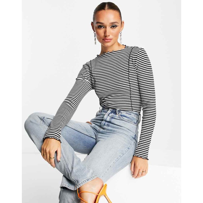 & Other Stories lettuce edge seam detail top in black and white stripe 114833436