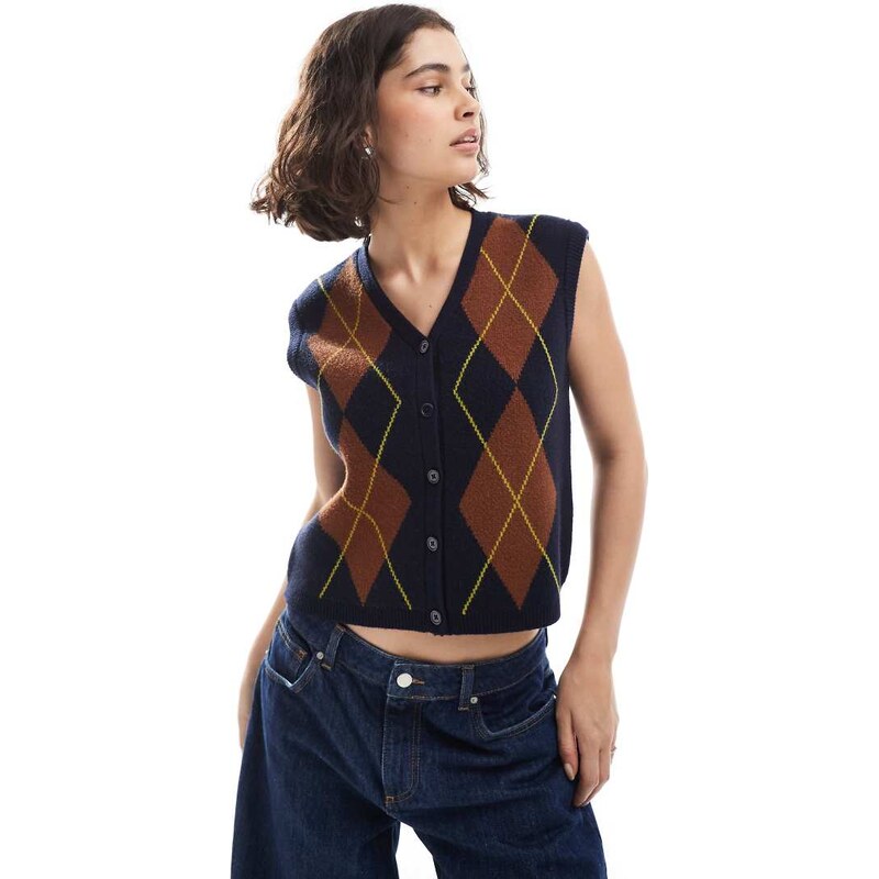 ASOS DESIGN boxy structured argyle waistcoat in navy