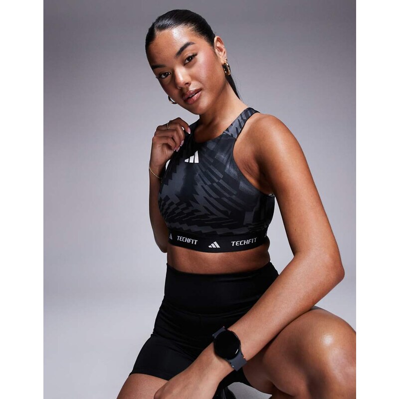 adidas Performance mid support sports bra in black print