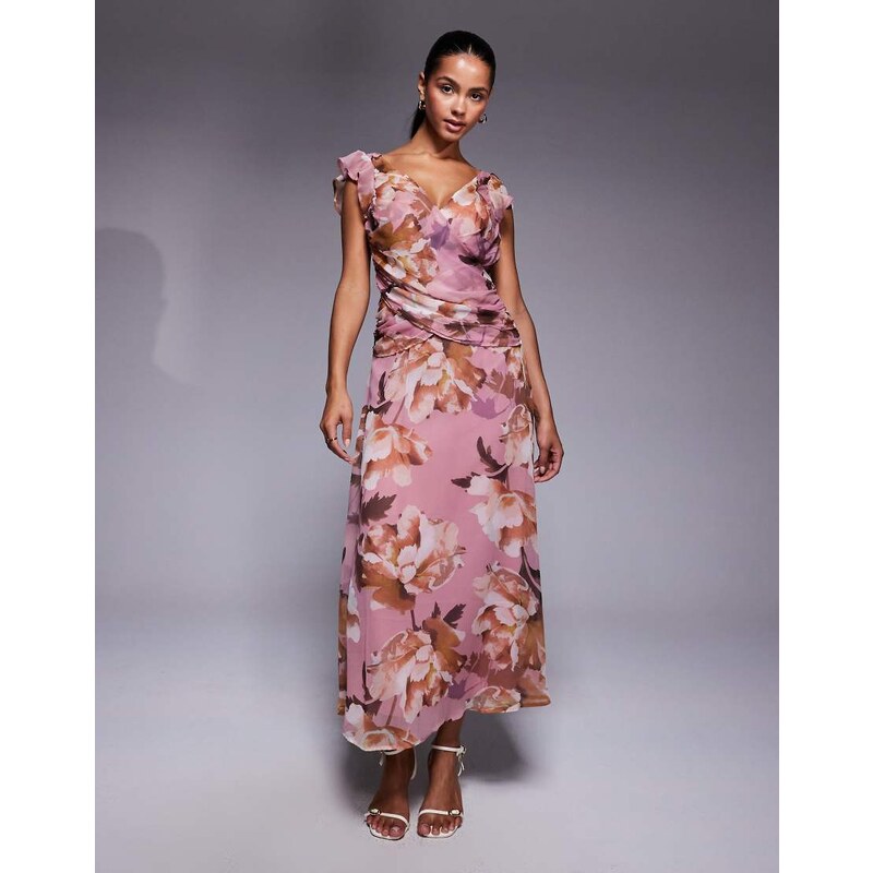 ASOS DESIGN flutter sleeve wrap maxi dress with pephem in