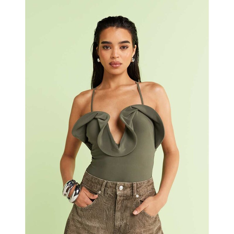 ASOS DESIGN frill detail plunge halterneck bodysuit in green