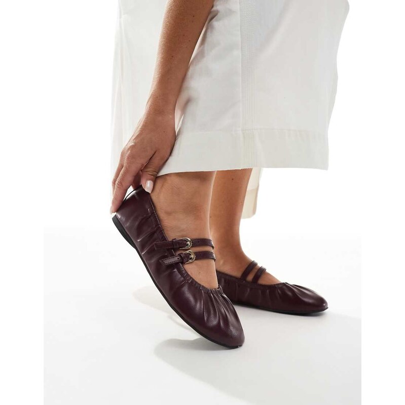 London Rebel Mia strappy ruched ballet flats in dark cherry-Red 115512788