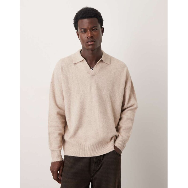 ASOS DESIGN oversized brushed knitted notch neck jumper in stone