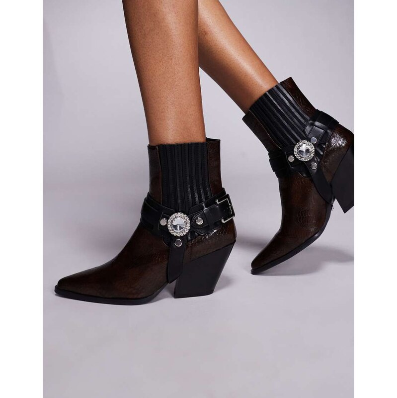 Azalea Wang Lenkov heeled western ankle boots with harness detail in 107880339