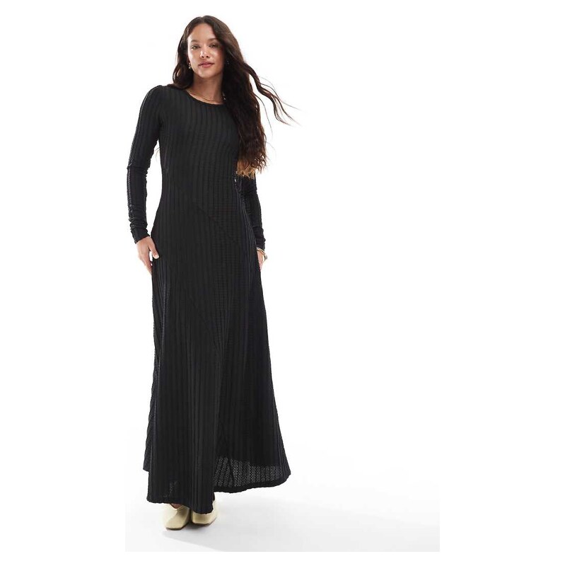 Threadbare long sleeve ribbed textured maxi dress in black
