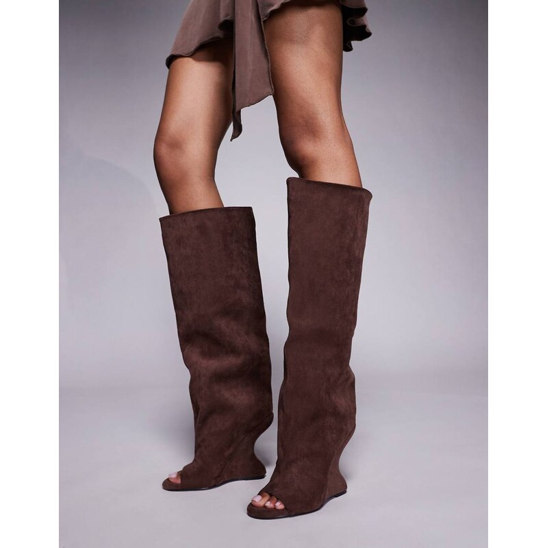 Azalea Wang Vincent wedge heel knee boots in taupe suede-Brown