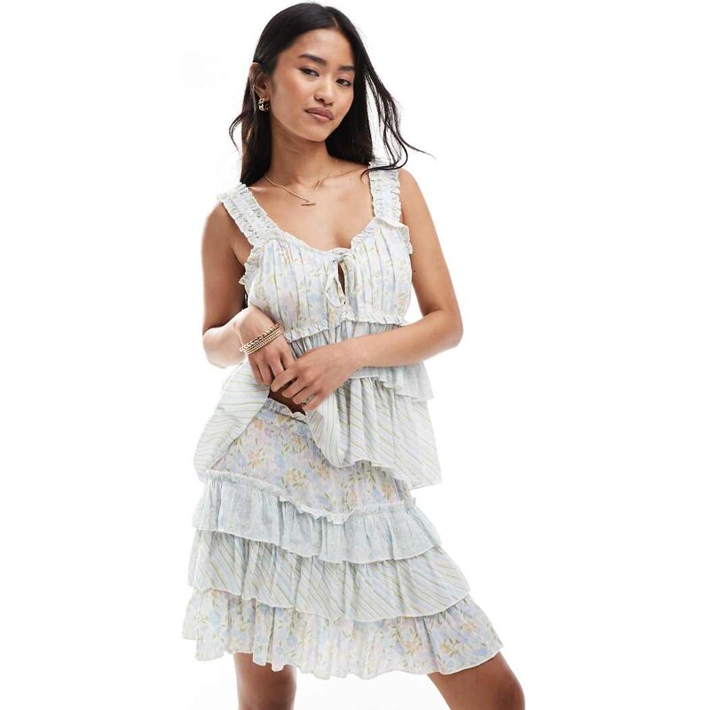 Miss Selfridge tiered mini skirt in blue ditsy print-Multi