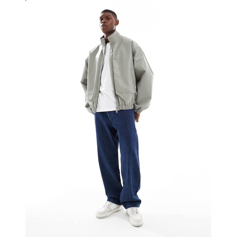 ASOS DESIGN faux leather track jacket in grey