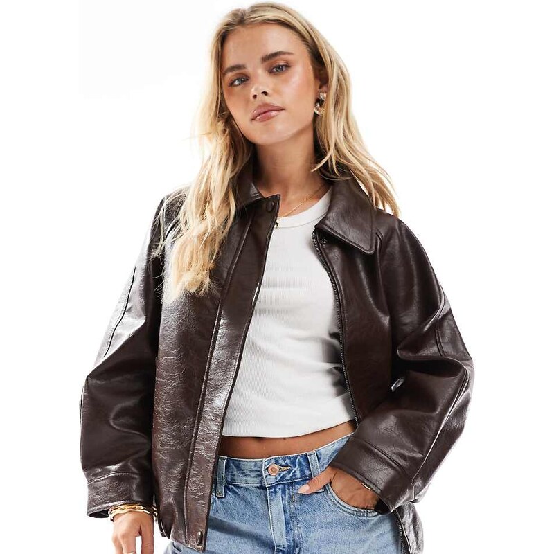 ASOS Petite ASOS DESIGN Petite leather look oversized bomber jacket in 109292100