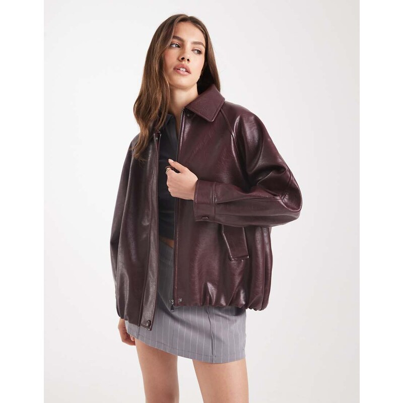 ASOS DESIGN leather look oversized bomber jacket in burgundy-Red 115516382