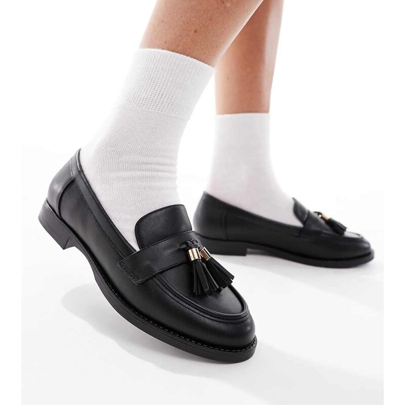 London Rebel Wide Fit Amelia tassel penny loafers in black