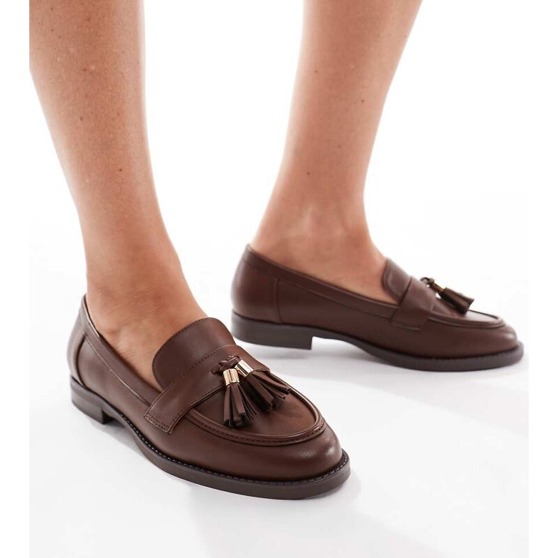 London Rebel Wide Fit Amelia tassel penny loafers in brown
