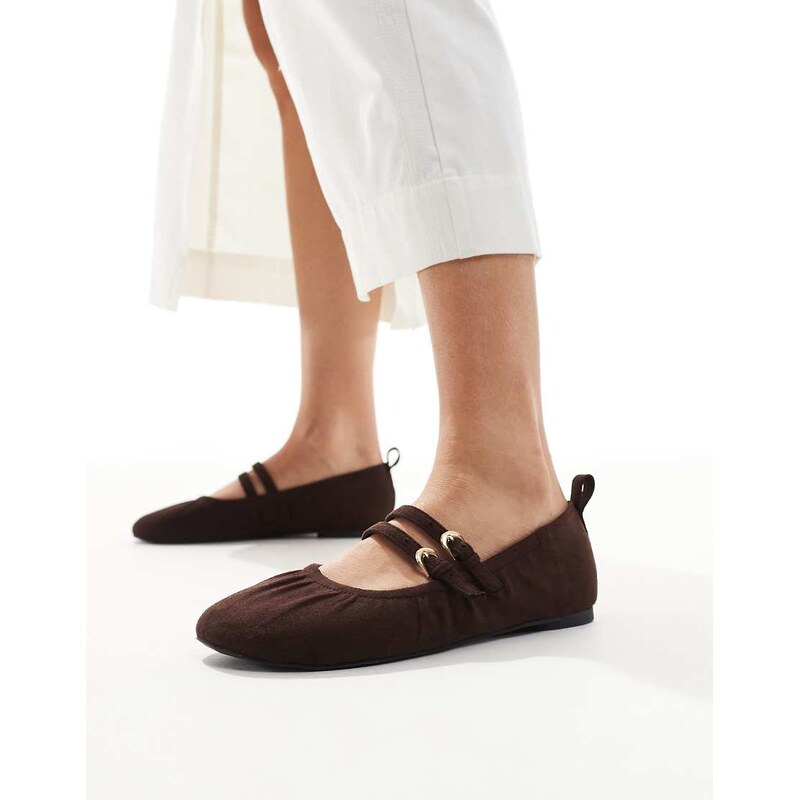 London Rebel Mia strappy ruched ballet flats in chocolate-Brown