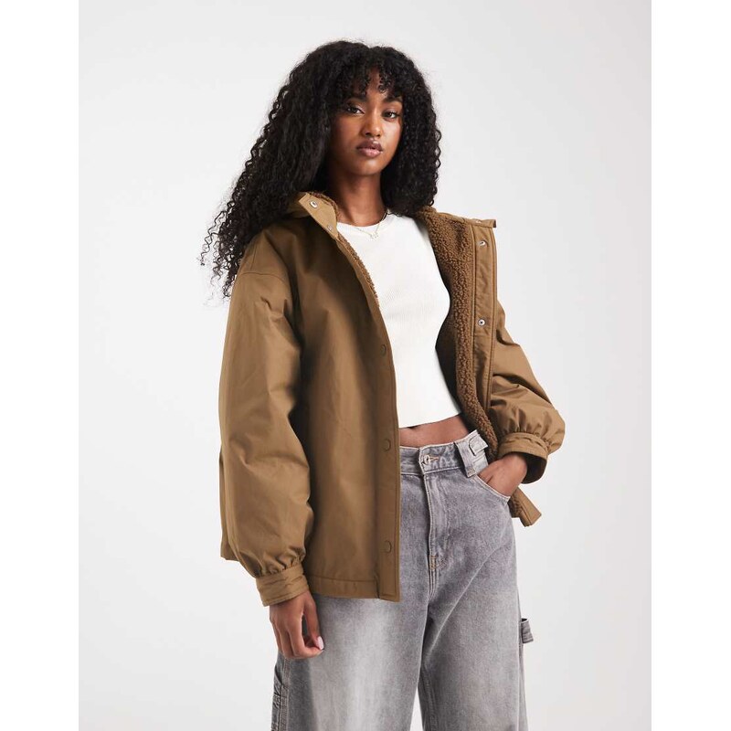 ASOS DESIGN oversized fleece lined rain coat in olive-Brown