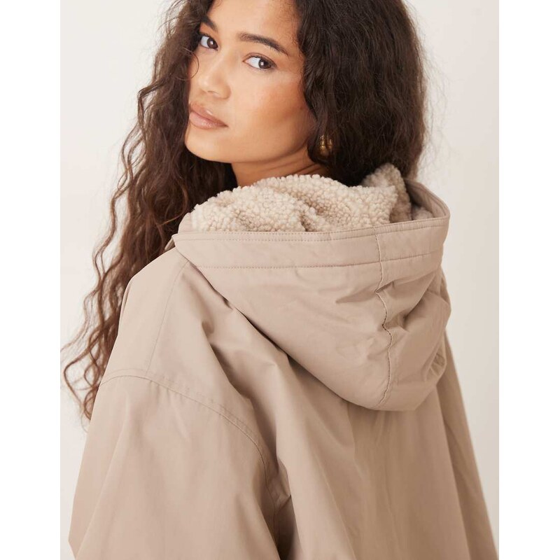 ASOS DESIGN oversized fleece lined rain coat in oatmeal-Black