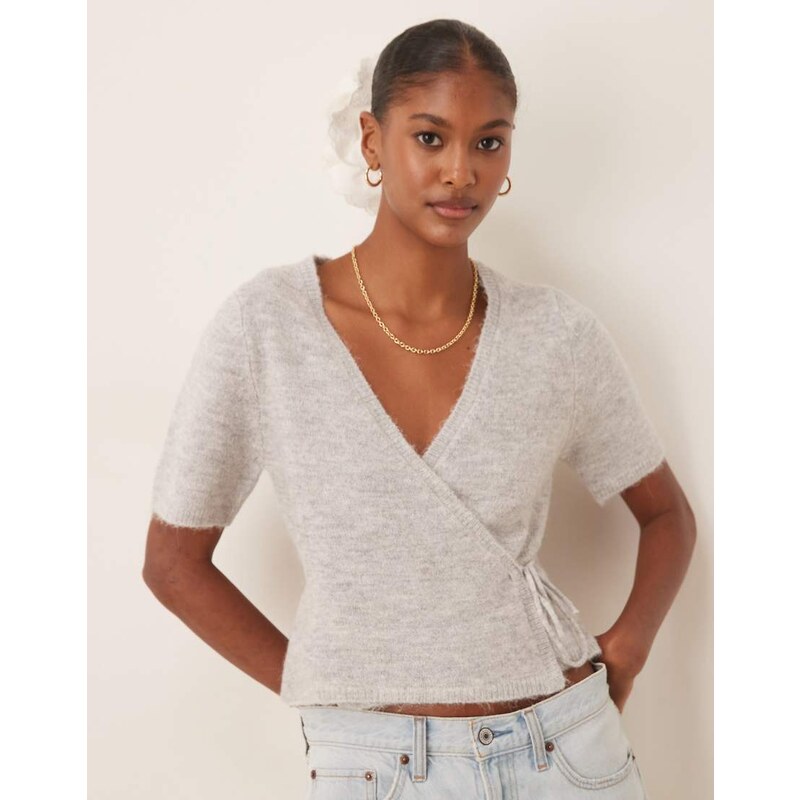 Gina Tricot short sleeve v neck knitted wool alpaca wrap tie front top 108782141
