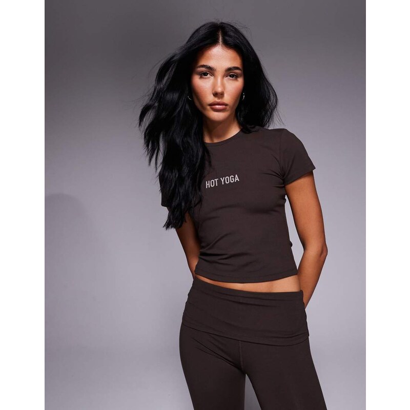 4505 Hot Yoga print soft touch baby tee in deep brown 107725153