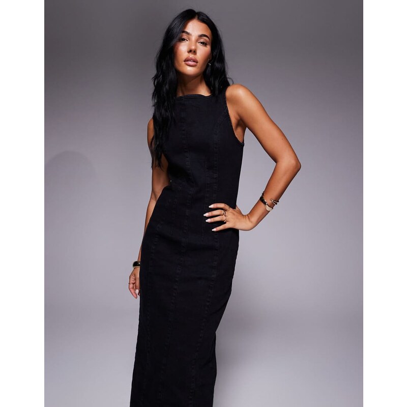 ASOS DESIGN cinched waist denim maxi dress with front slit in