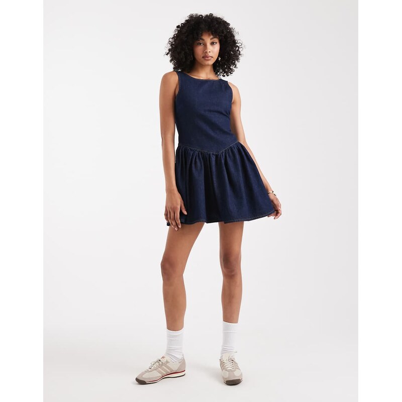 Miss Selfridge drop waist denim mini dress in blue wash 107710865