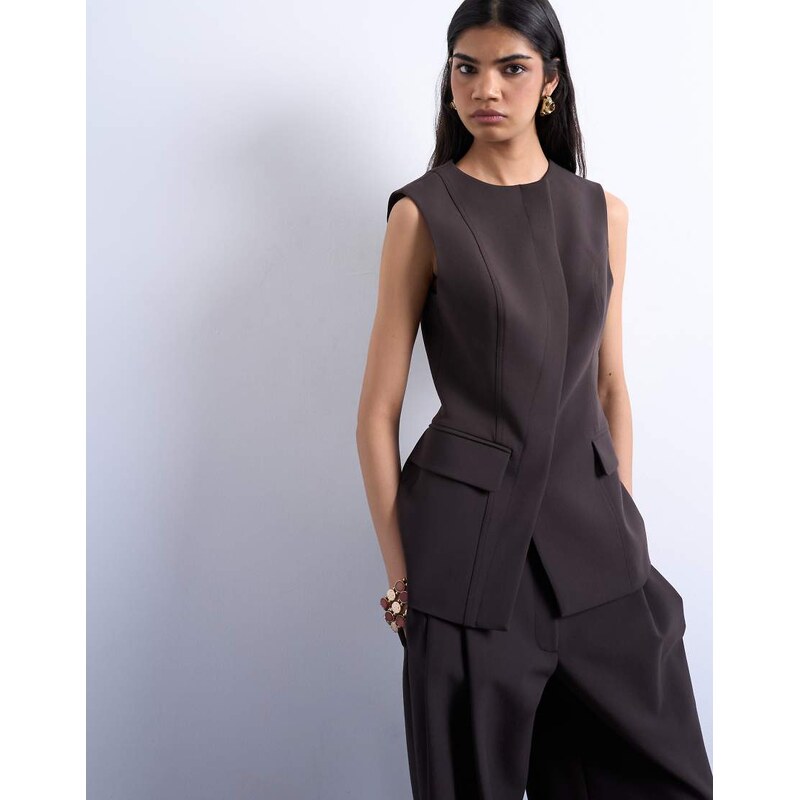 Topshop co ord asymmetric waistcoat in chocolate-Brown
