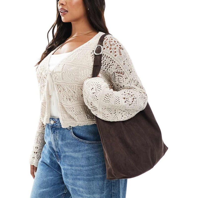 Glamorous large faux suede tote bag with buckle strap in dark brown 107712437