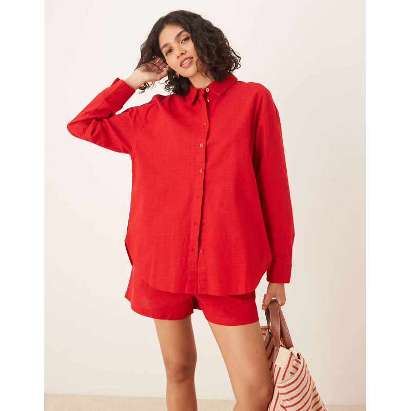 ASOS DESIGN oversized linen look shirt co-ord in red