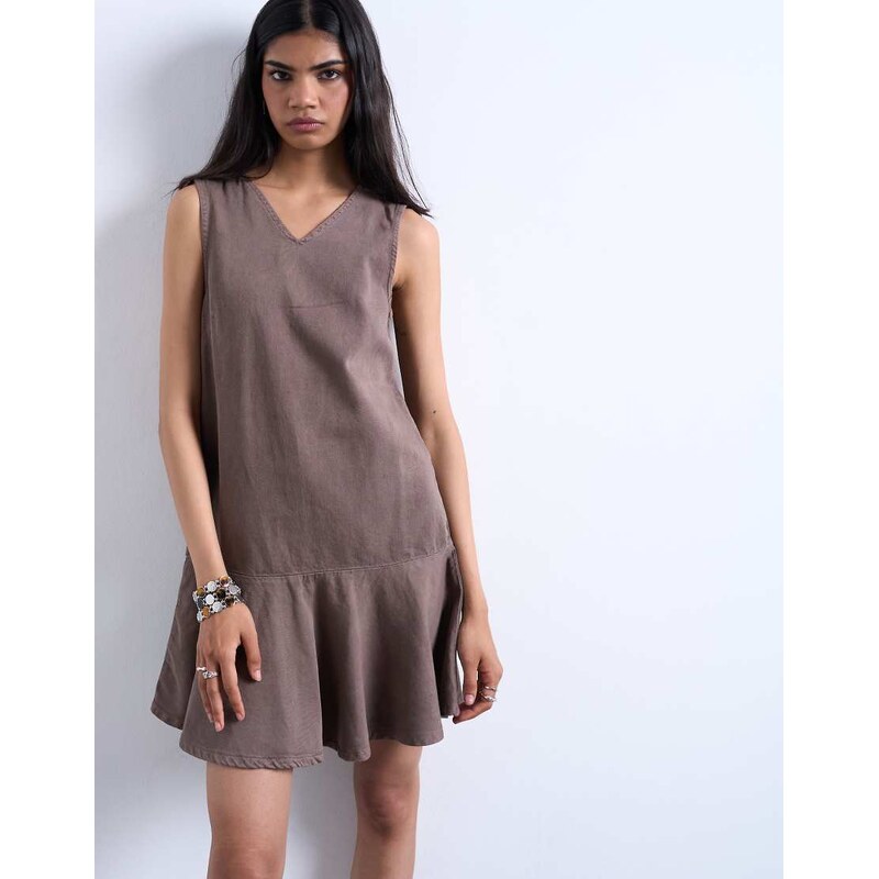 Topshop denim v neck peplum mini dress in brown