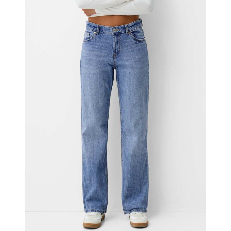 Bershka straight fit jeans in mid blue