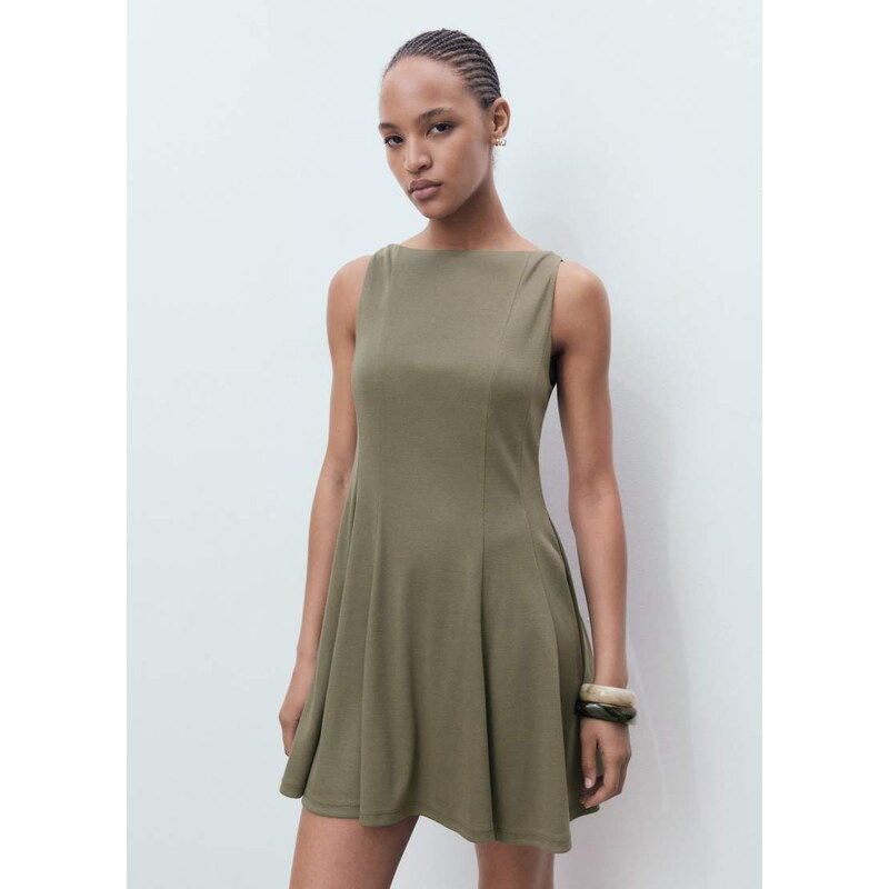 Mango cotton mix sleeveless pleat detail mini dress in khaki-Green 115531847