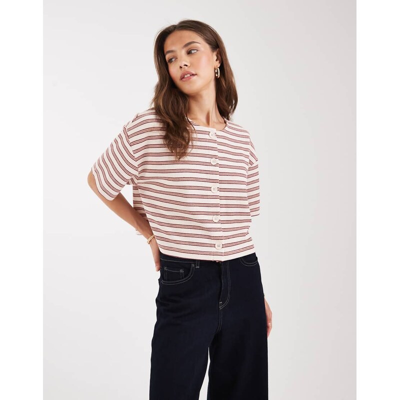 Miss Selfridge ribbed button up short sleeve cardigan in stripe-Multi 107712891