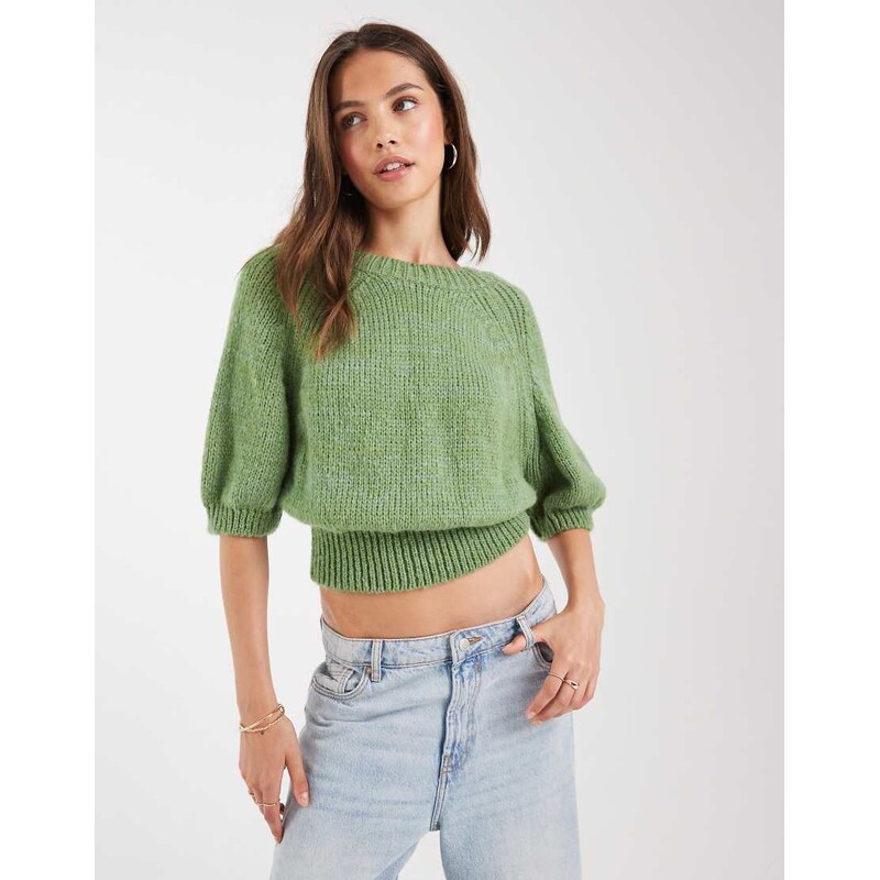 ASOS DESIGN knitted raglan 3/4 sleeve waisted jumper in green multi 107712906