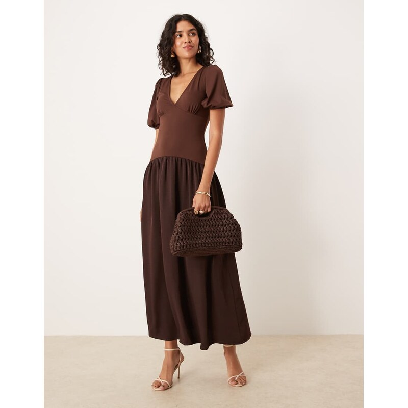 ASOS DESIGN hybrid puff sleeve midi tea dress brown - BROWN