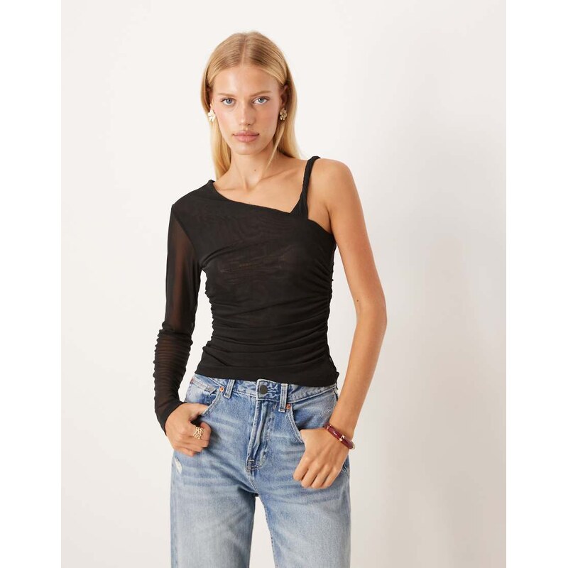 ASOS DESIGN twist strap asymmetric mesh top in black 112298868