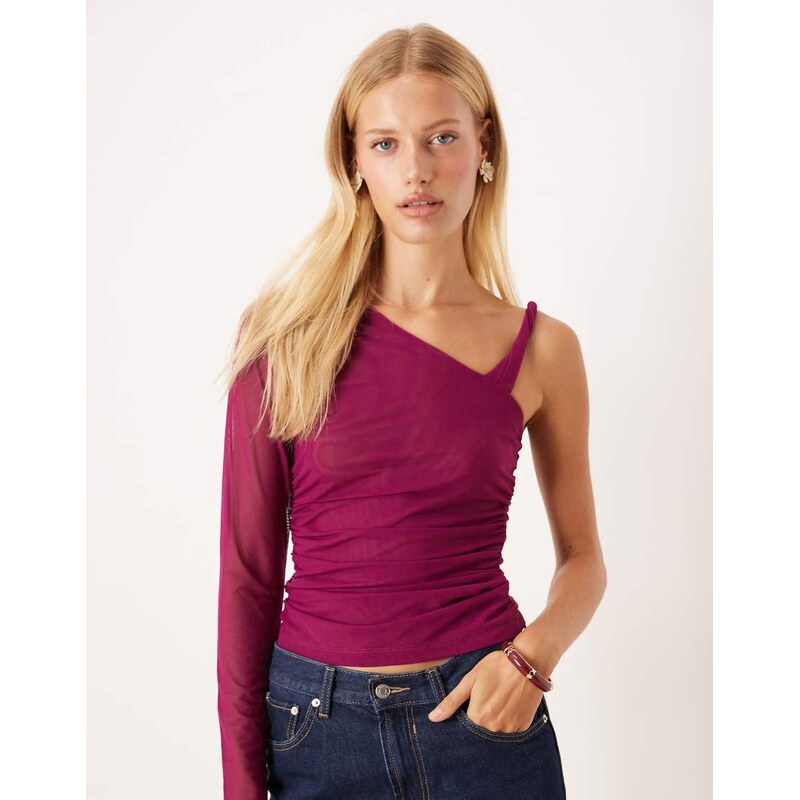 ASOS DESIGN twist strap asymmetric mesh top in fig-Purple