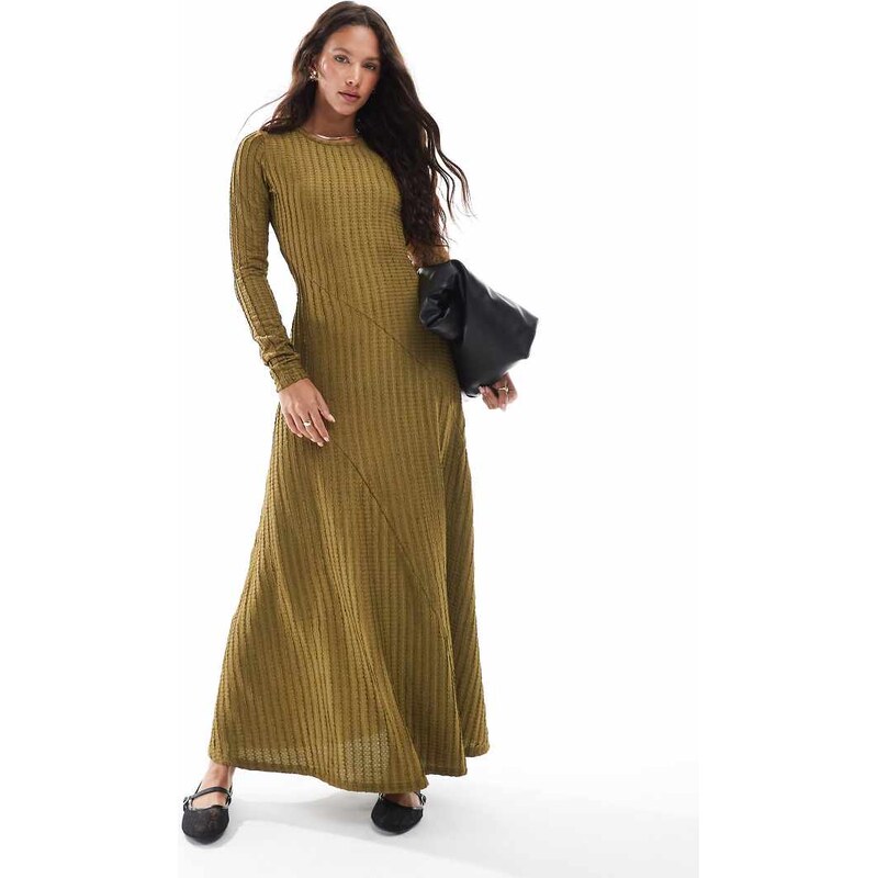 Threadbare long sleeve ribbed textured maxi dress in olive green 111082166