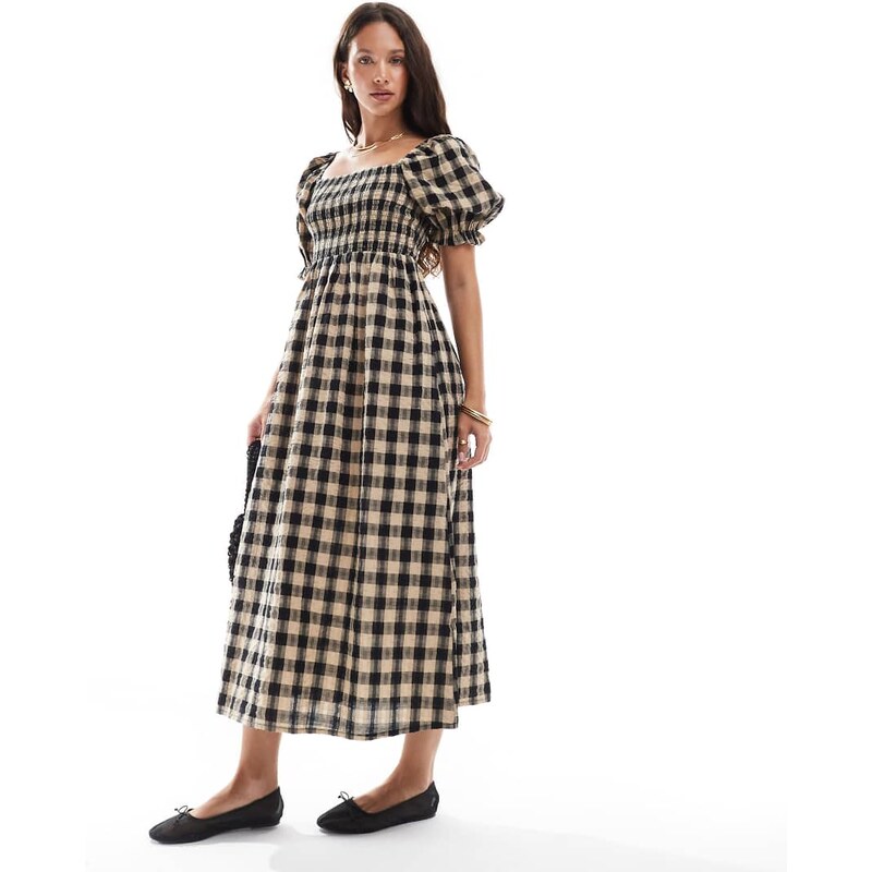 New Look check long sleeve shirred midi dress in brown