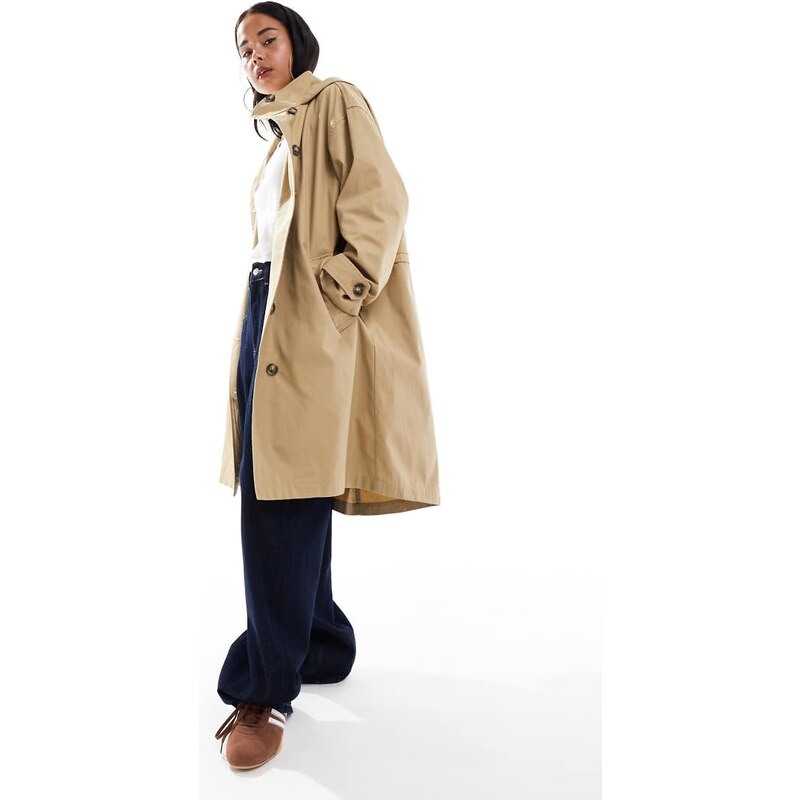 ASOS DESIGN hooded washed trench coat in stone-Neutral 107836397