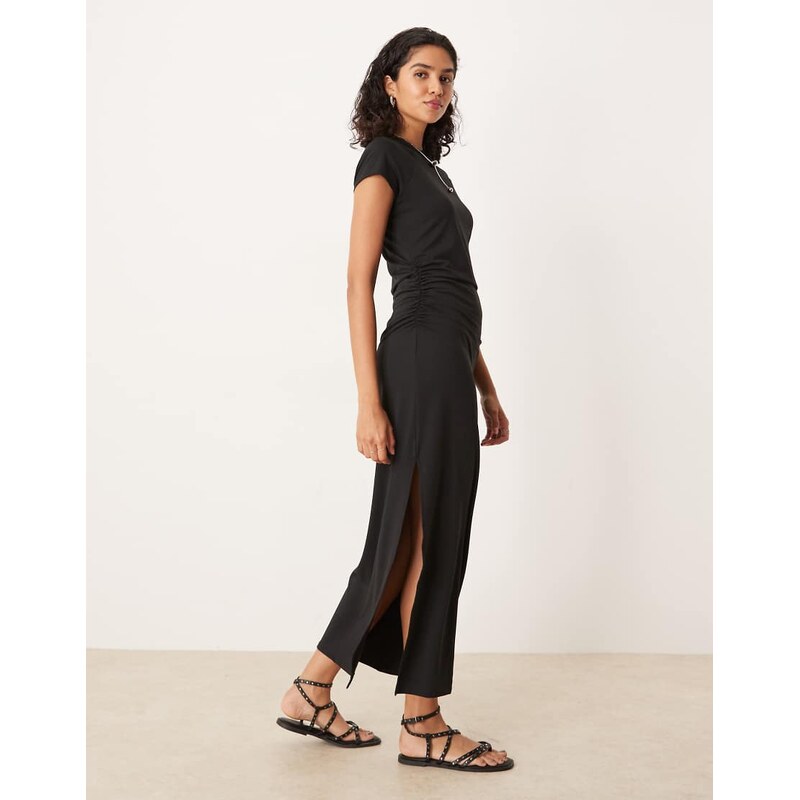 ASOS DESIGN short sleeve ruched waist midi dress in black
