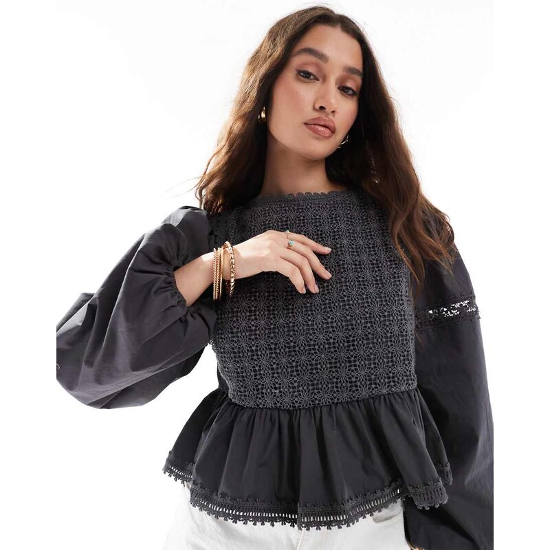 ASOS DESIGN lace insert bib detail long sleeve top in washed