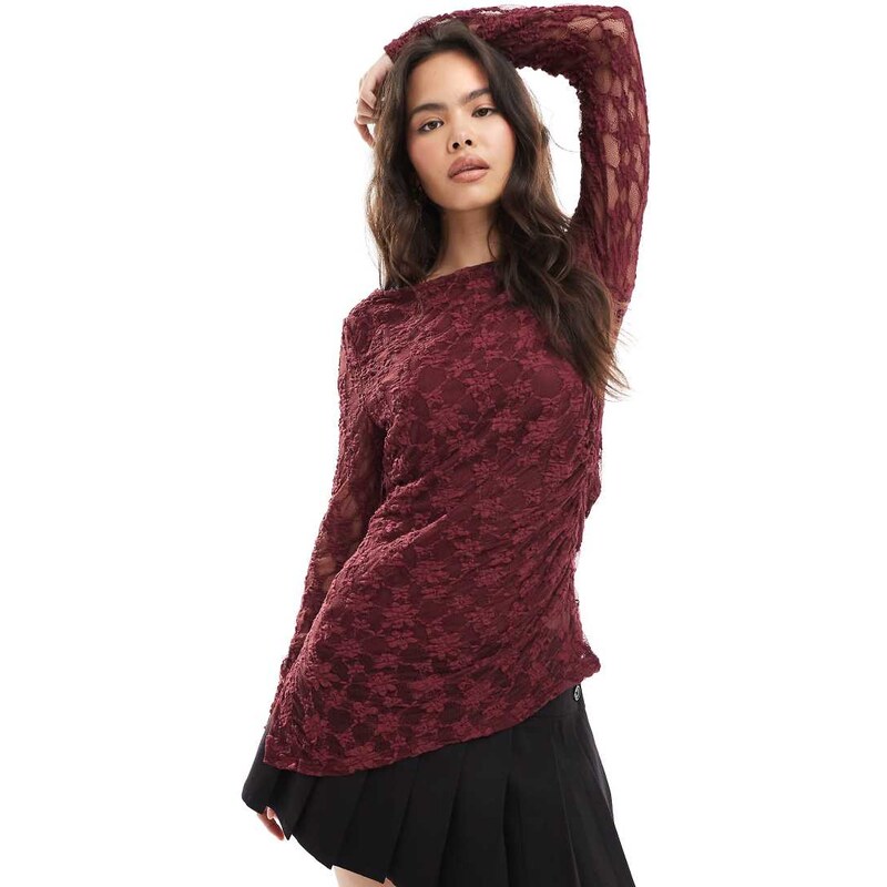 Threadbare lace long sleeve top with asymmetric hem in fig-Red