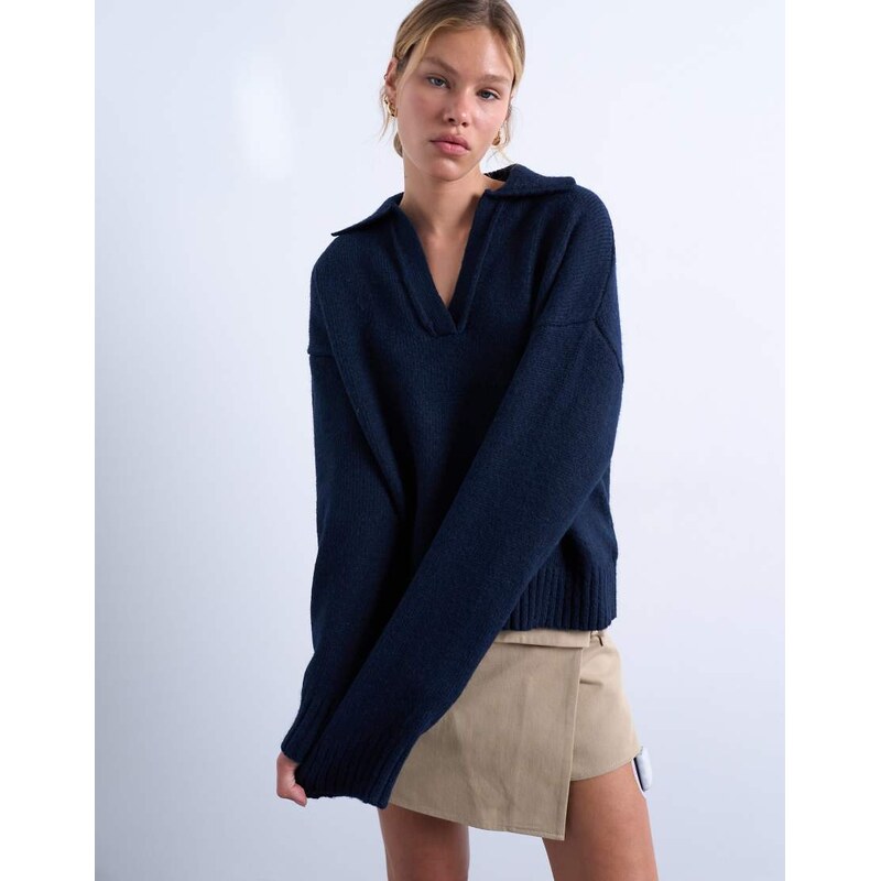 Topshop knitted v neck collar jumper in navy 115511396