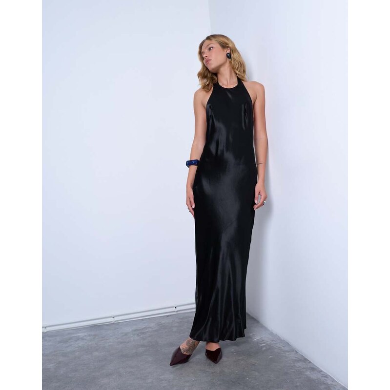 Topshop halter maxi dress in black satin