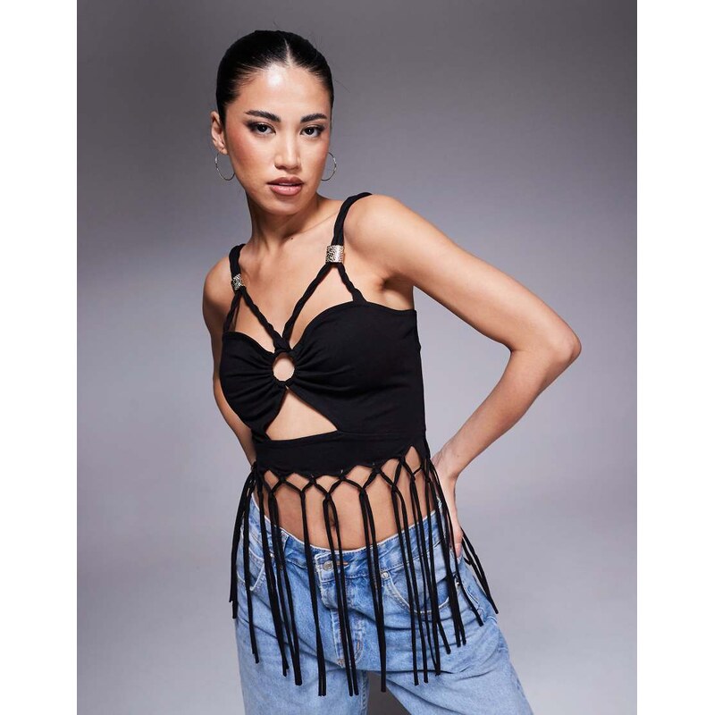 ASOS DESIGN ruched front fringed cami top in black