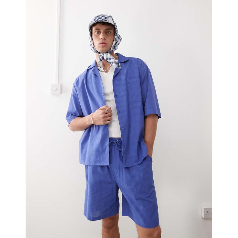 COLLUSION textured woven shirt in blue stripe-Grey