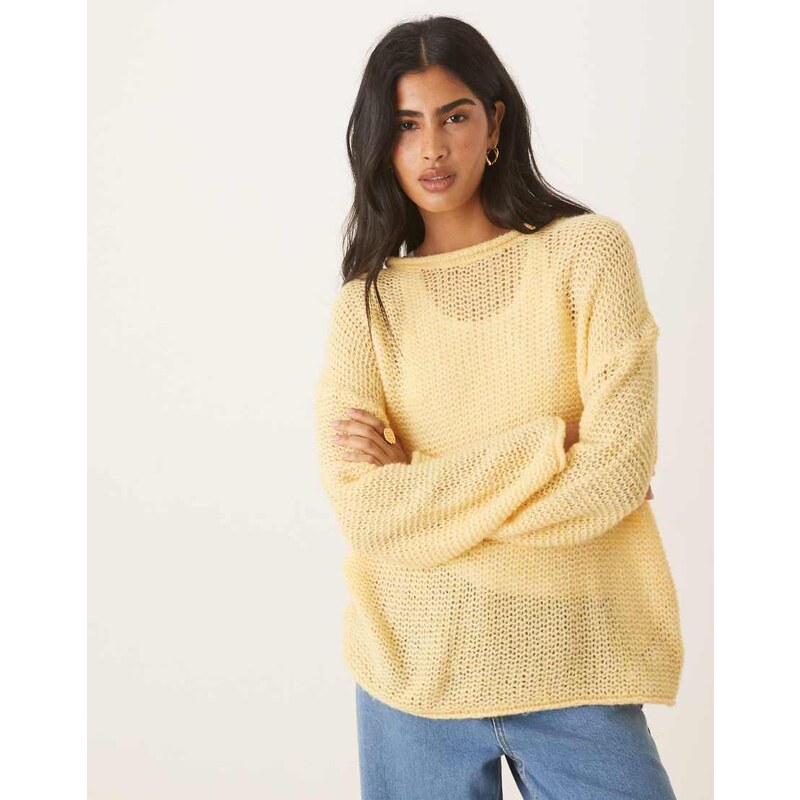 ASOS DESIGN knitted relaxed slash neck jumper with rolled edge detail in buttermilk-Yellow