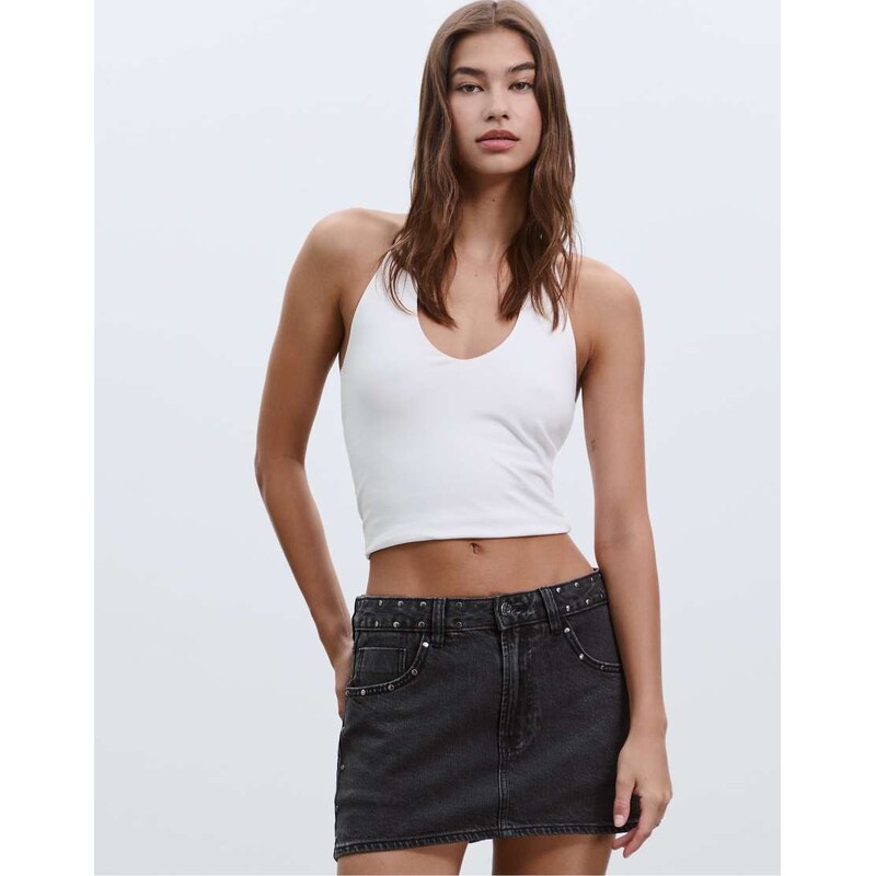 Stradivarius D62 studded denim skort in black denim washed effect-Grey 107721810