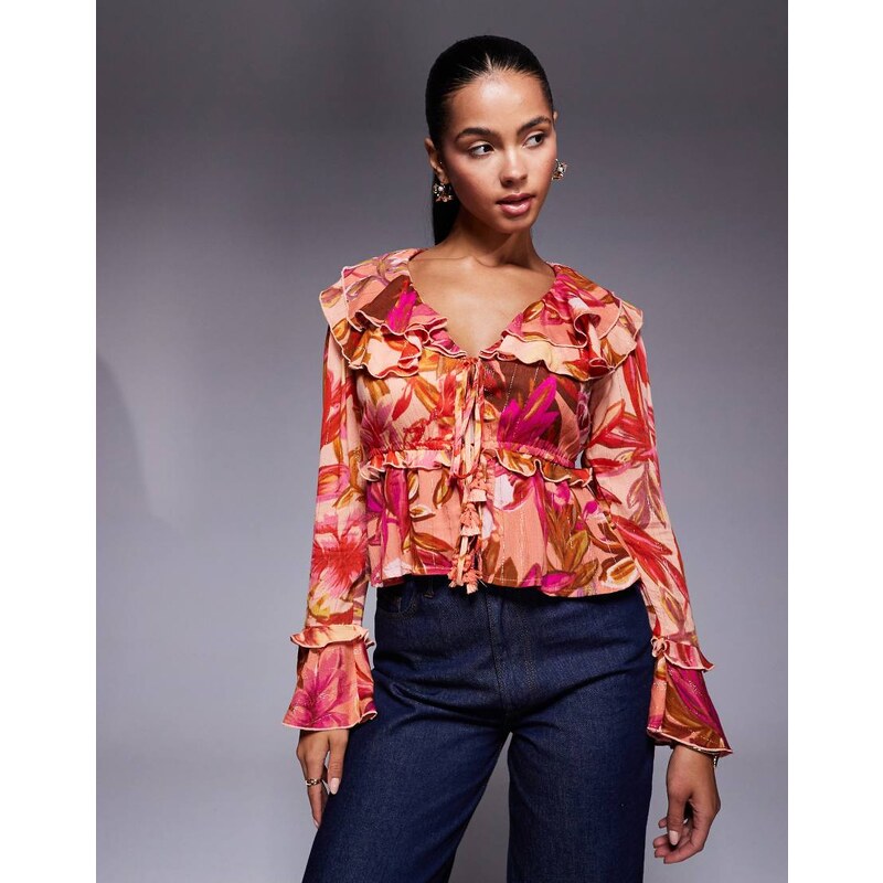 River Island floral long sleeve sheer top in orange and red-Pink